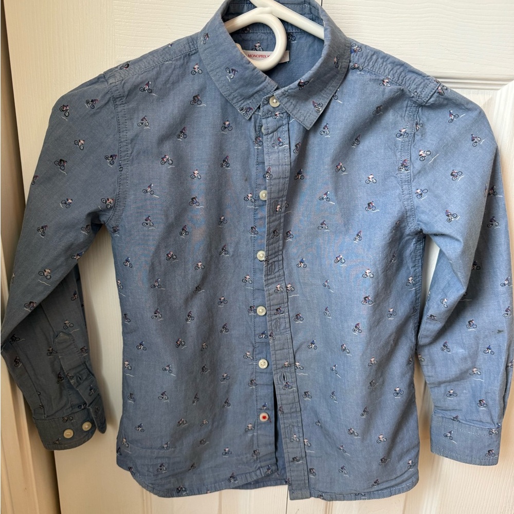 Casual Blue Button-Down Shirt with Bicycle Print